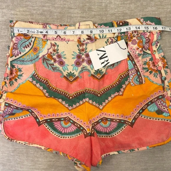 Zara NWT High Waist Floral Patterned Shorts Belted Linen Blend large - Picture 13 of 15